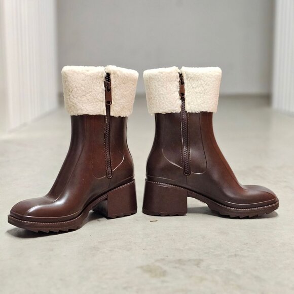Brown Faux Leather Block Heel Boots With Shearling Cuff & Side Zipper Closure - Picture 5 of 7